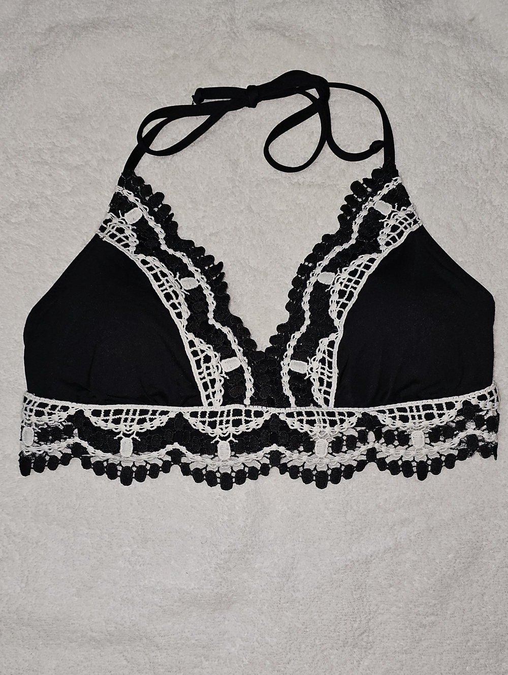 Black Crochet-Trim Halter Bikini Top